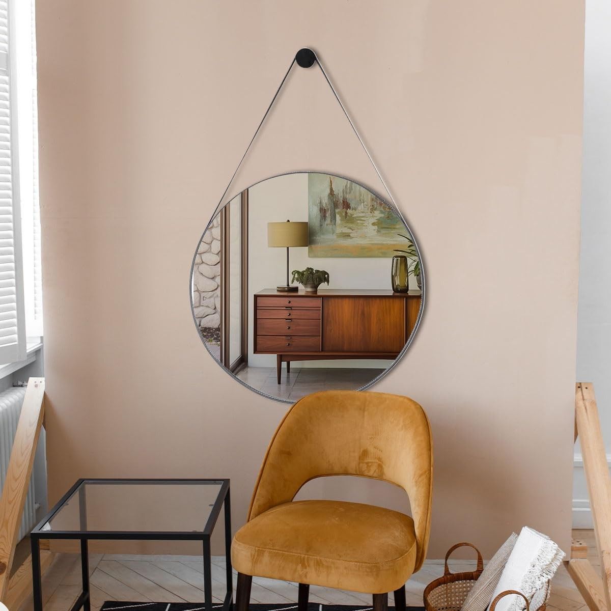 Espelho Decorativo Redondo 50cm com Alça de Couro Café - Design Moderno para Banheiro, Quarto e Sala