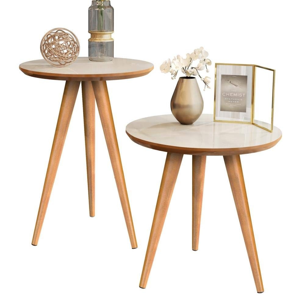 Kit Mesa Lateral e Apoio para Sofá Retrô Classic - Design Moderno Off White e Freijó
