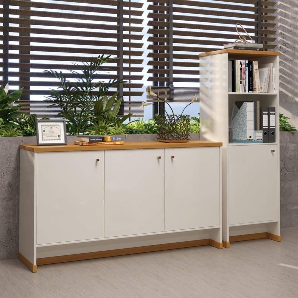 Kit Escritório Buffet e Armário Berlin - Design Moderno em Offwhite/Naturale | Vianossa