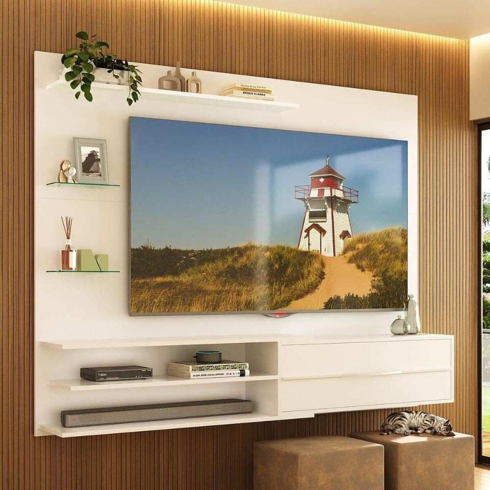 Painel para TV até 65" com 1 Porta e Prateleiras Multimóveis MP1064 - Design Moderno em Branco