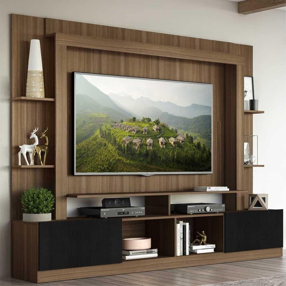 Rack Estante para TV até 65" Oslo Multimóveis - Design Moderno com 2 Portas e Painel Madeirado/Preto