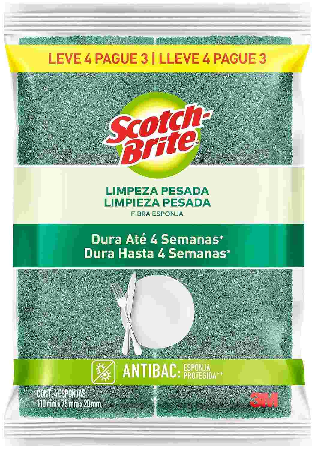 Scotch-Brite 3M Esponja Multiuso Leve 4 Pague 3 - Limpeza Poderosa e Duradoura