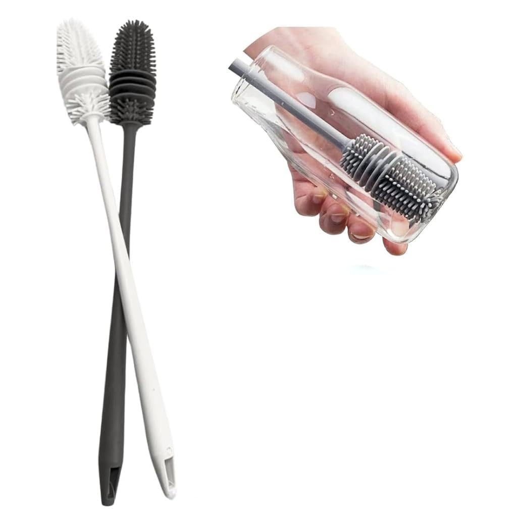 Kit 2 Escovas de Silicone Multiuso para Limpeza - Branco e Cinza - 31,5cm com Cabo Anatômico
