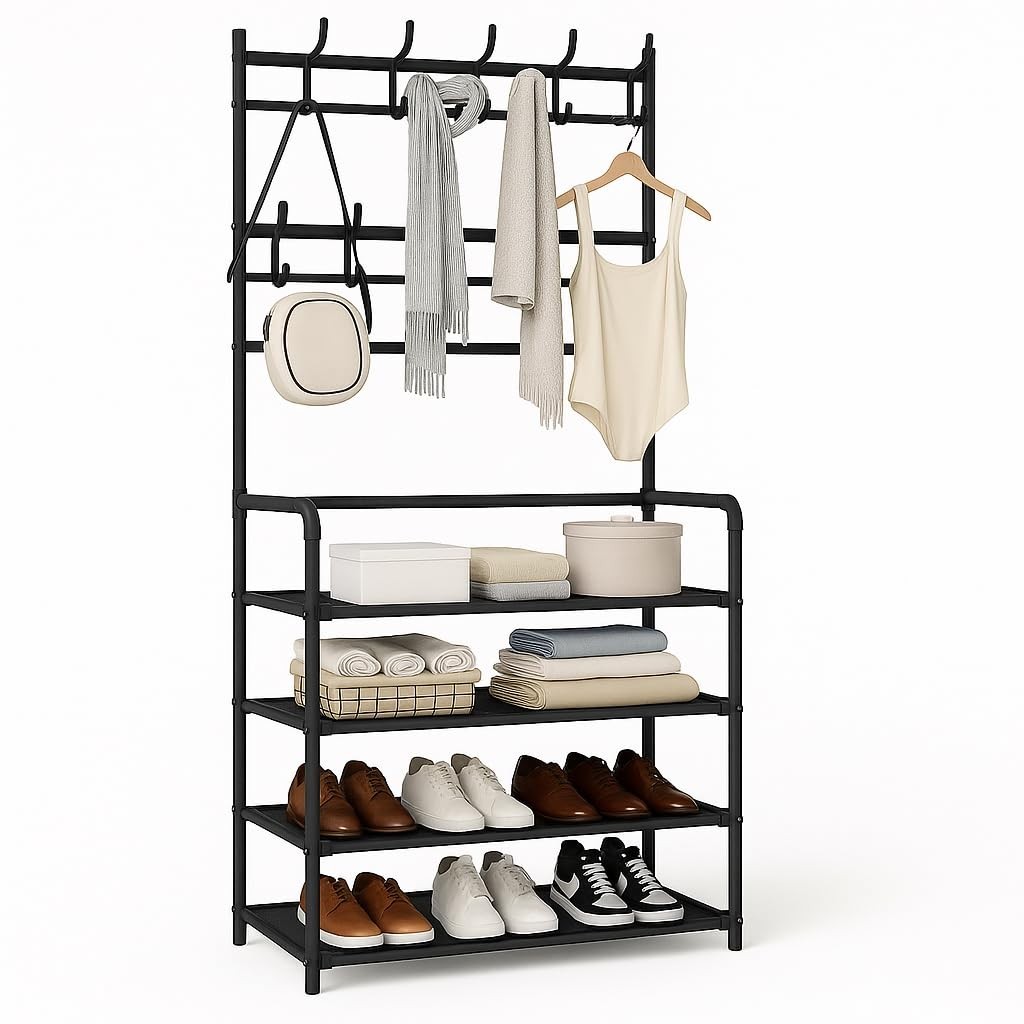 Sapateira Organizadora com Cabideiro Vertical 4 Prateleiras - Arara Multiuso para Roupas, Bolsas e Sapatos (Preto)