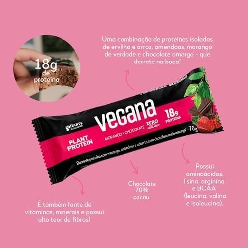 Hart's Natural Barra de Proteína Vegana 70g, Morango com Chocolate 50%, 100% Natural, 18g de Proteína Vegetal, Sem Glúten, Sem Lactose, Sem Açúcar Adicionado, Snack Saudável Plant-Based (12 unidades)