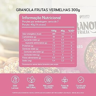 Hart's Natural Granola Australia Frutas Vermelhas | Granola Sem Glúten, Sem Lactose, Vegano | 100% Natural | Alto em Fibras | Snack Saudável | 300g