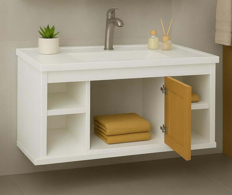 Conjunto Gabinete Cuba E Espelheira Para Banheiro Completo Com Nichos Porta Espelho (Branco/Ripado) - Design Moderno e Funcional