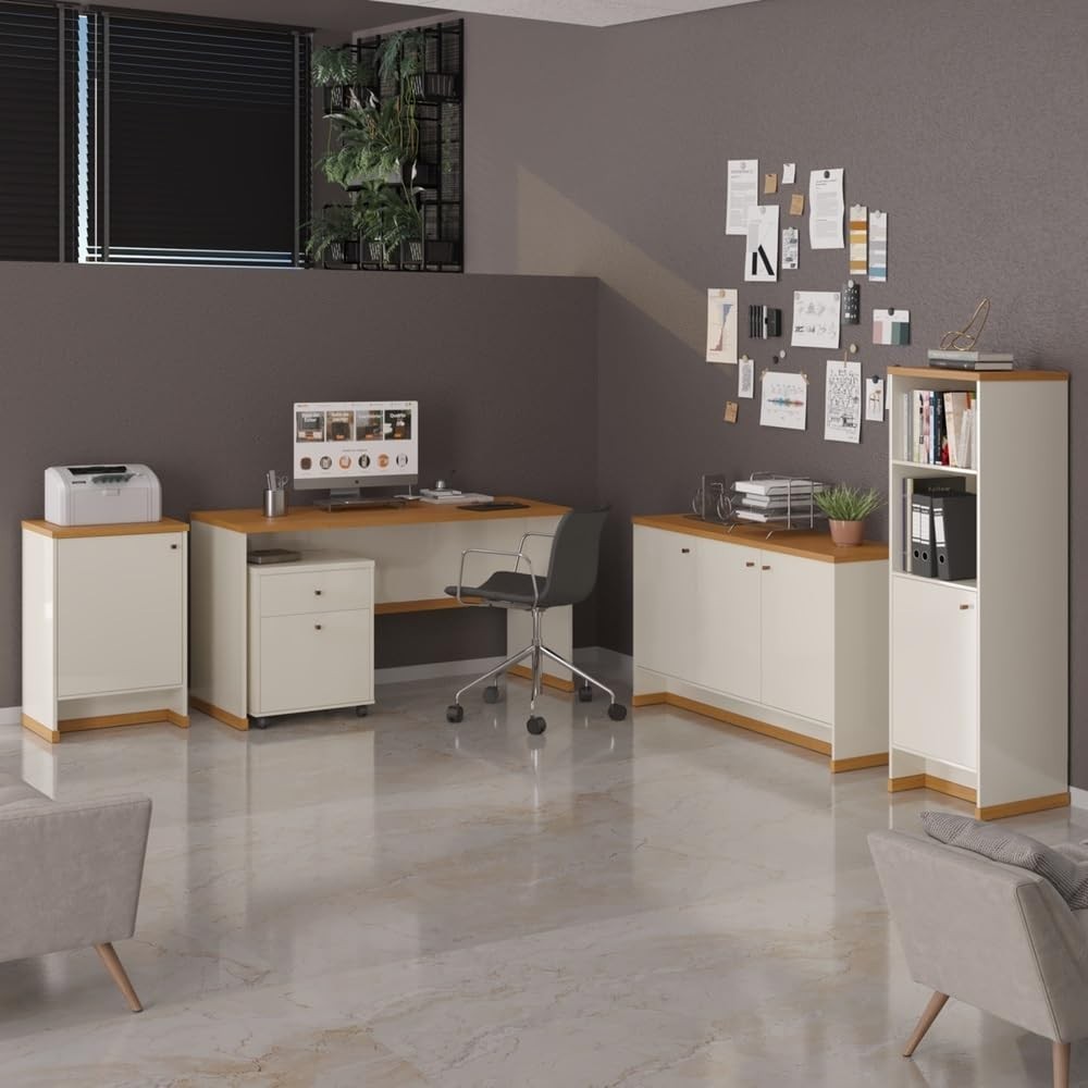 Conjunto Escritório Office Berlin - Escrivaninha + Balcões + Gaveteiro em Off White/Naturale