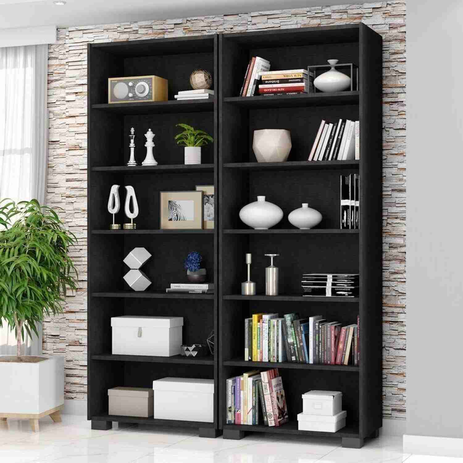 Kit com 2 Estantes para Livros Modernas | 5 Prateleiras, 188cm x 181,5cm, Design Office em Preto