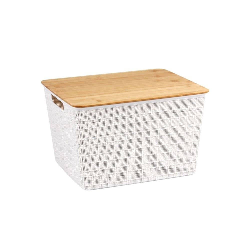 Oikos - Caixa Organizadora 18L com Tampa de Bambu Branca - Design Moderno e Versátil para Qualquer Cômodo
