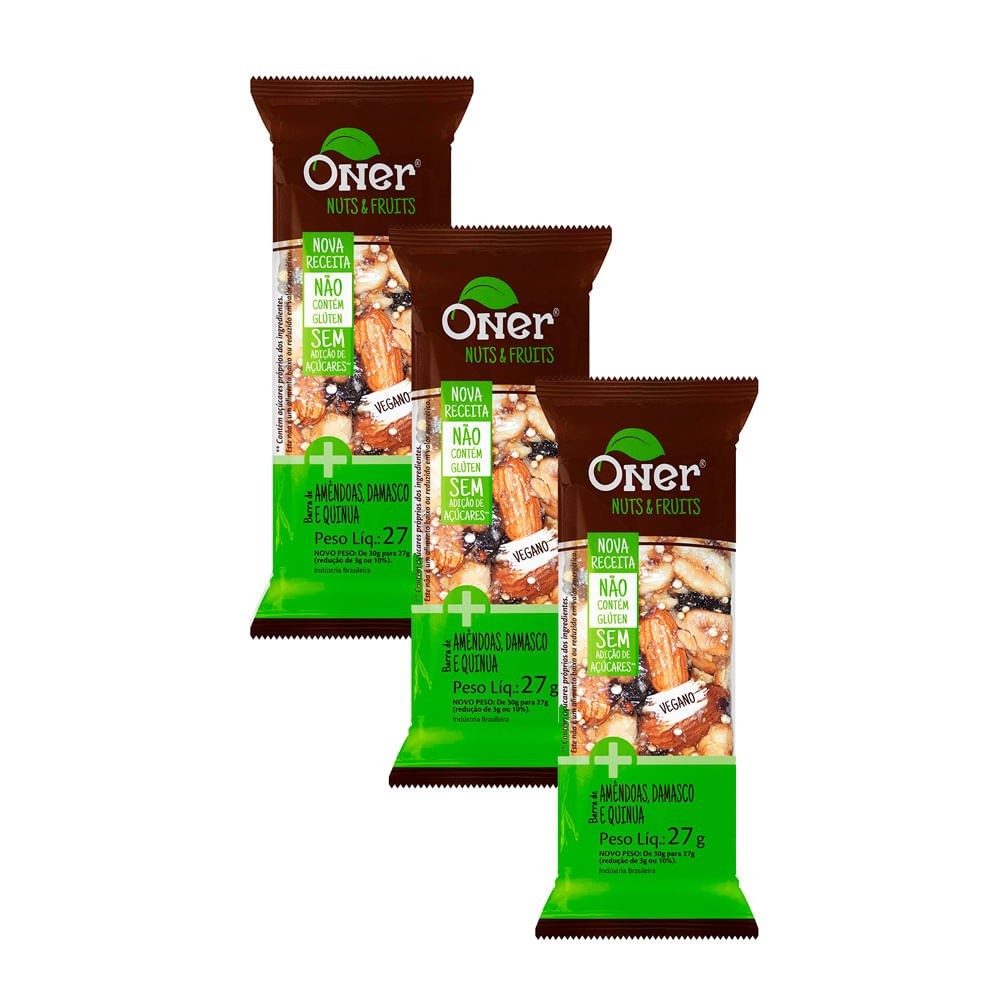 Oner Nuts & Fruits: Kit 3 Barras de Amêndoas e Damasco