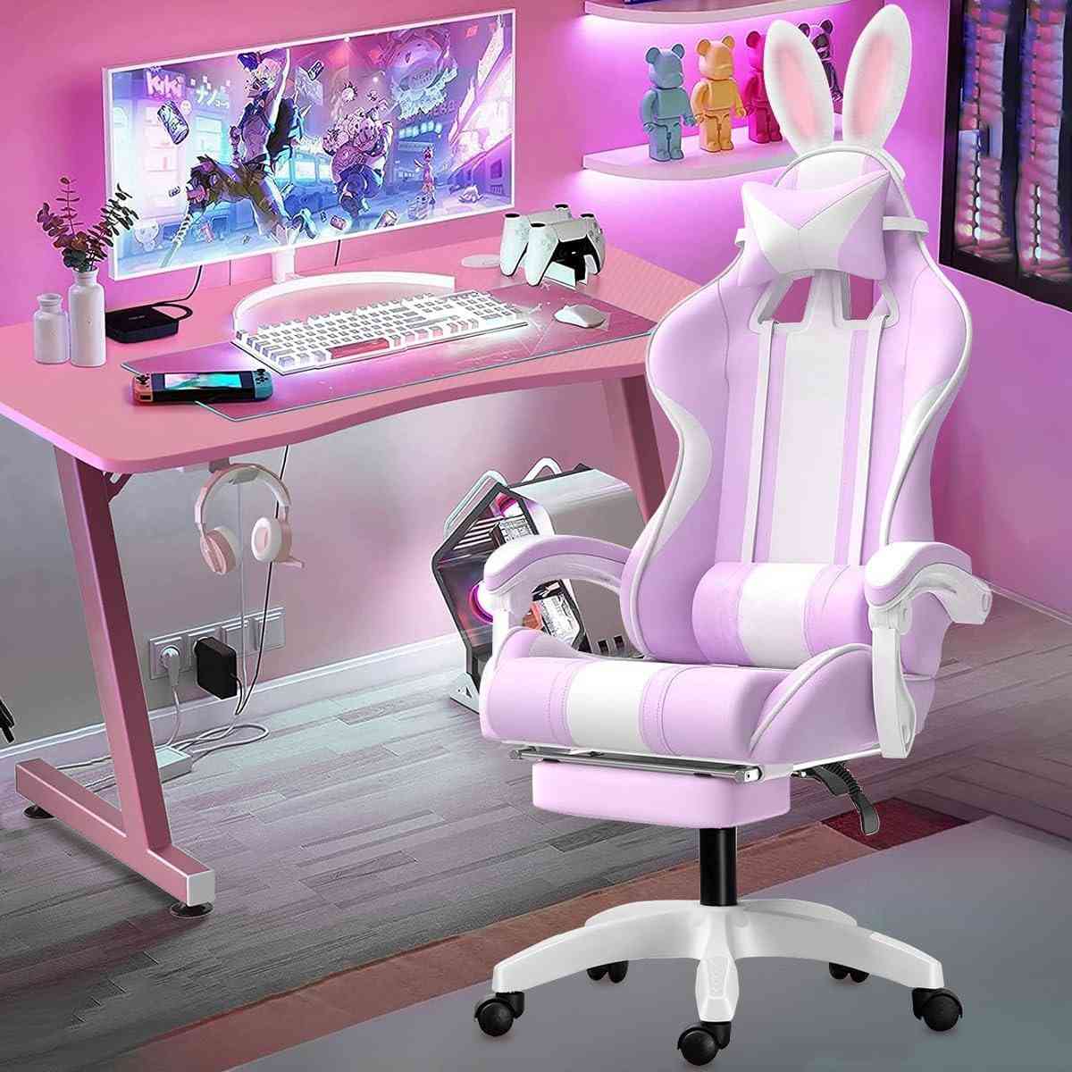 Cadeira Gamer Rosa com Orelhas de Coelho e Design Ergonômico