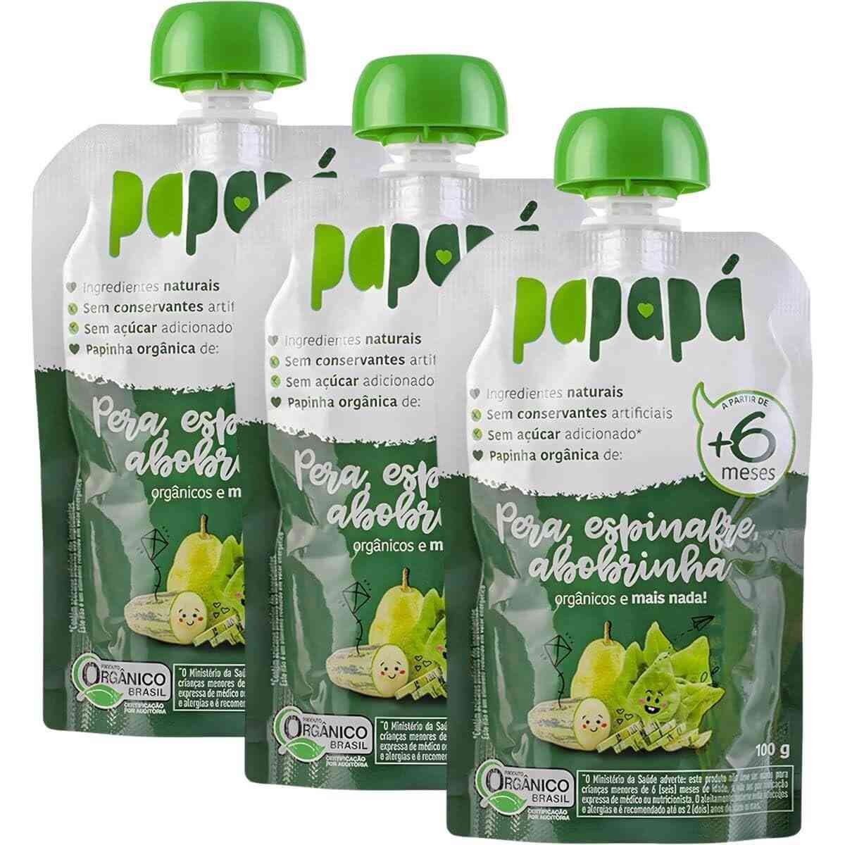 Kit 3 Papinhas Orgânicas Pera, Espinafre e Abobrinha 100g - Papapá | Alimentação Saudável para Bebês