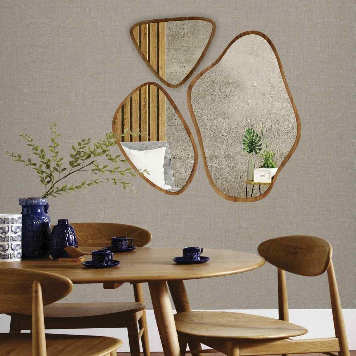 Conjunto de 3 Espelhos Orgânicos em Madeira | Decoração Moderna para Sala, Quarto e Banheiro