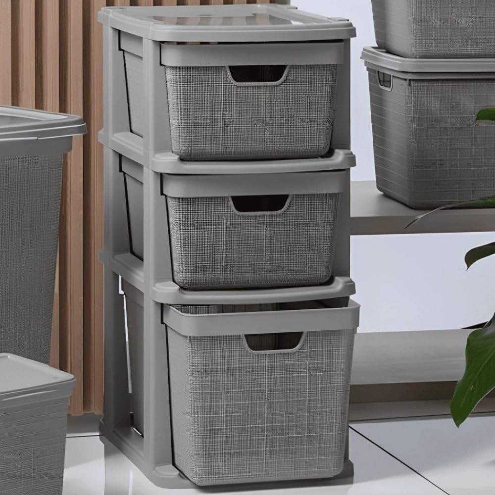 Gaveteiro Organizador Grande 3 Gavetas 15-15-22L em Plástico Resistente Juta RVS - Cinza