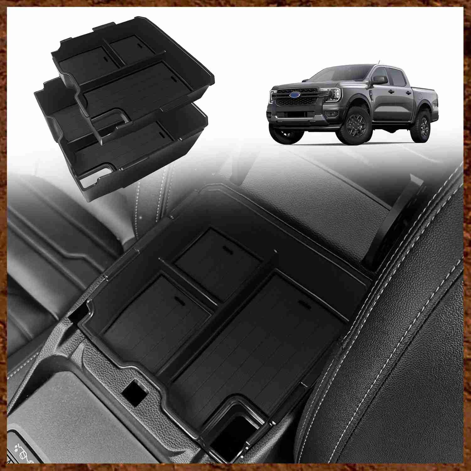 Organizador de Console Central Muslogy para Ford Ranger & Raptor 2024/2025 - Duas Camadas, Preto