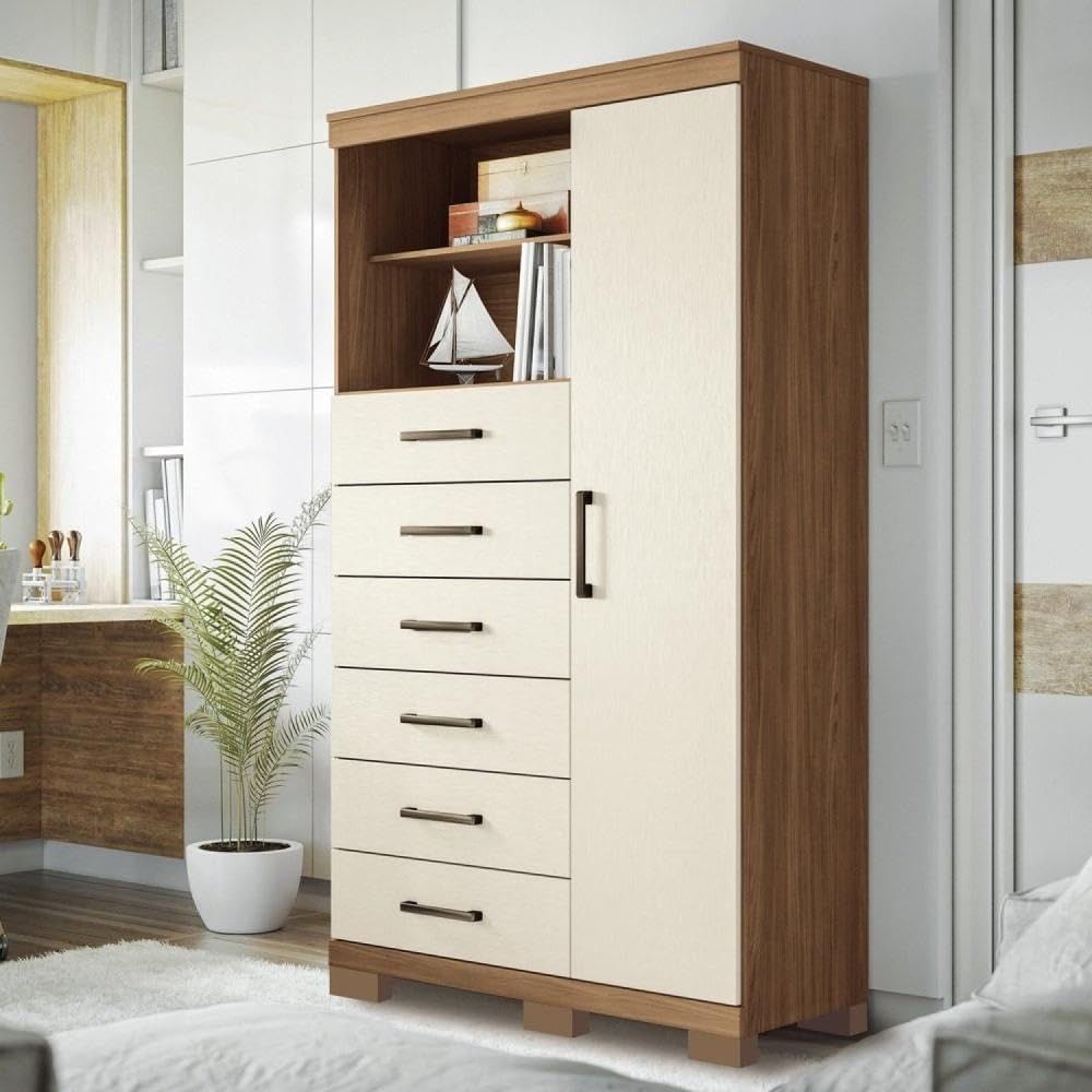 Cômoda 6 Gavetas com 1 Porta e 2 Nichos - Design Jatobá/Areia para Organizar com Estilo