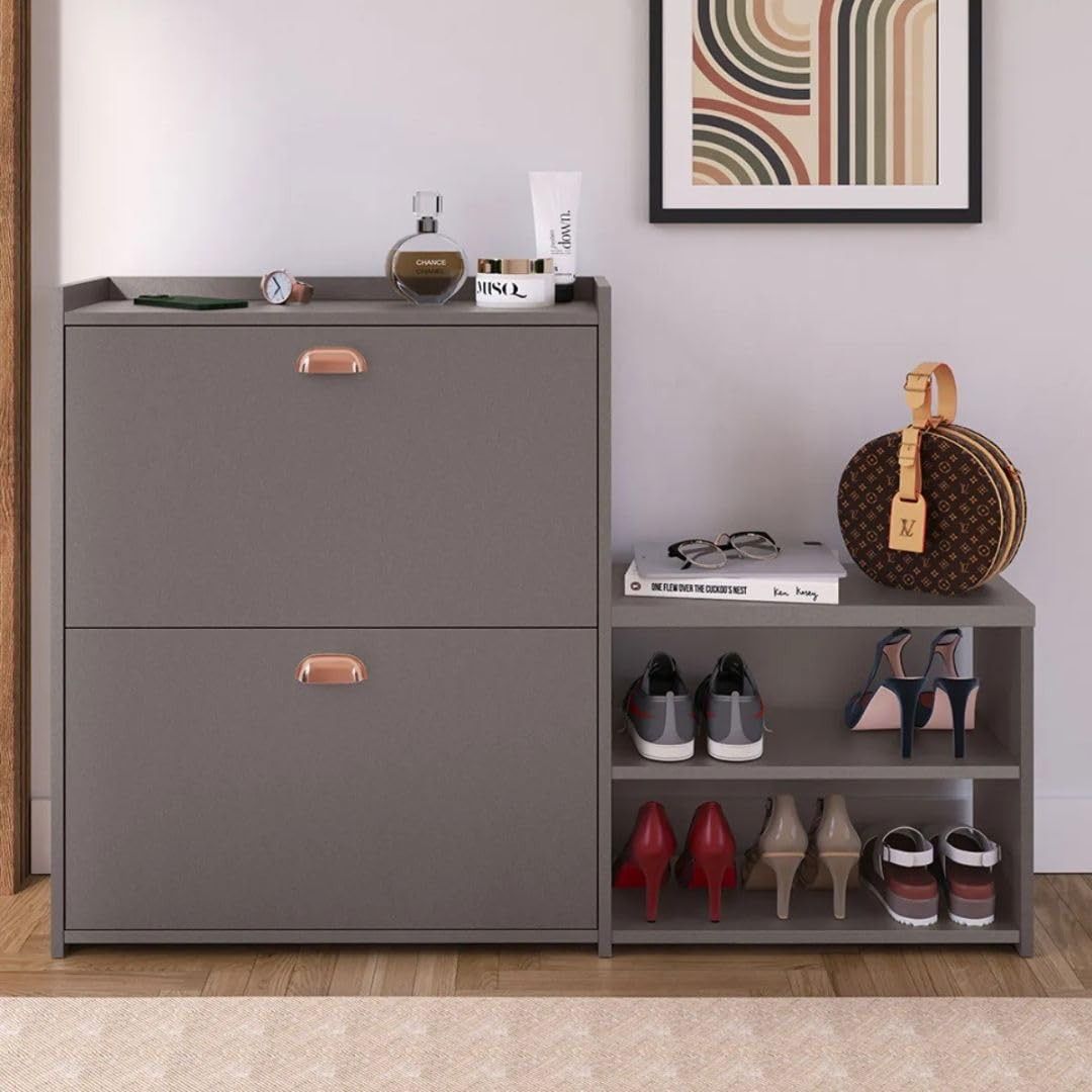 Sapateira com Banco Moderna 2 Gavetas Basculantes - Organize até 18 Pares com Estilo (Cinza Pérola)