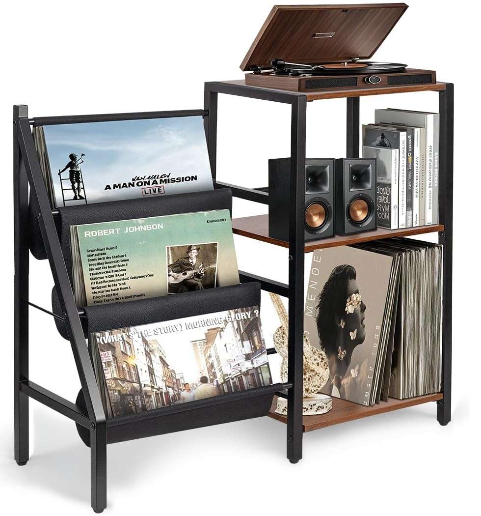 Estante para Vinil com Bolsa de Armazenamento em Tecido Oxford – Suporte 3 Níveis para Toca-Discos com Design Vintage