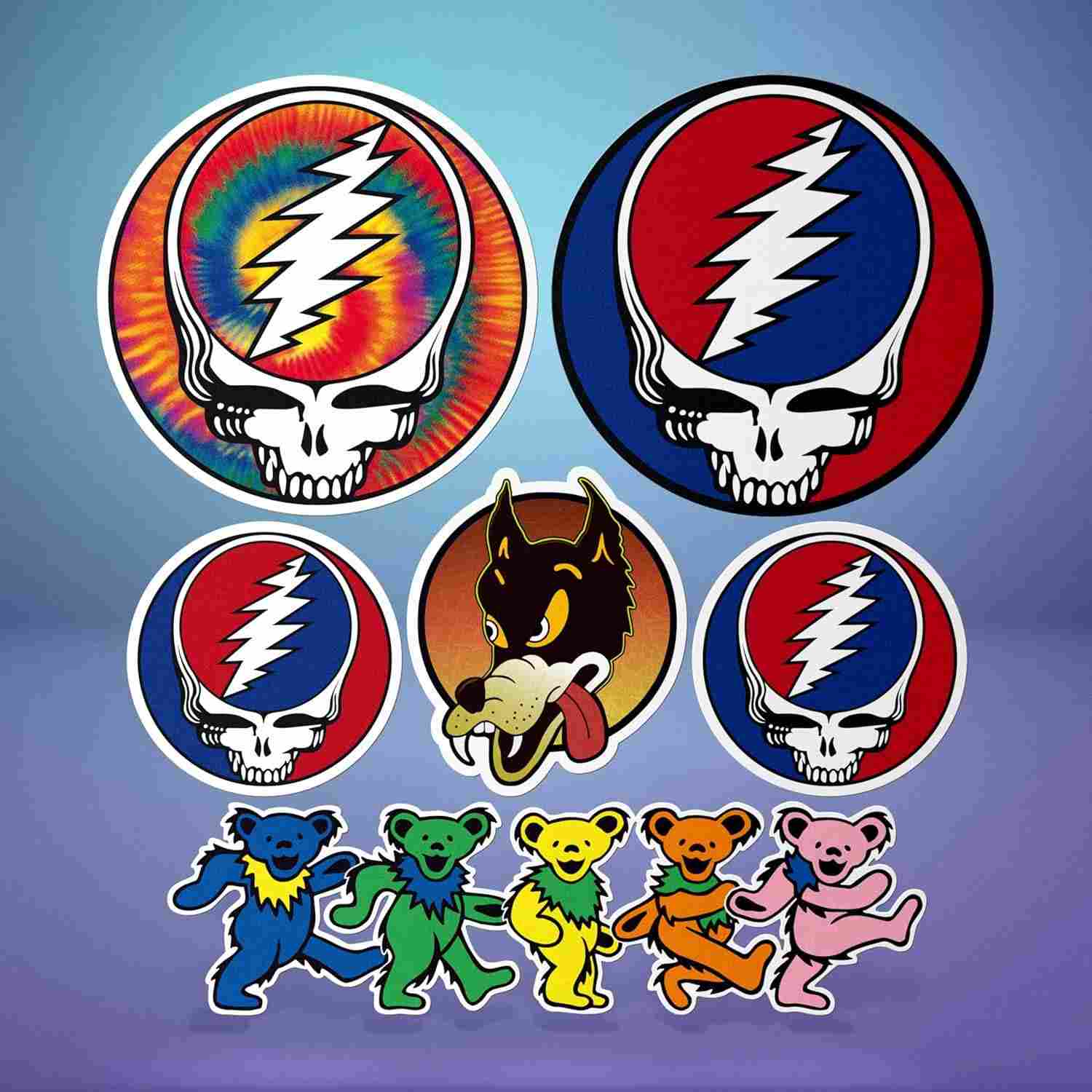 Adesivos Grateful Dead: Pacote 6 Peças Vinil Tie Dye, Steal Your Face, Ursos Dançantes - Decalques à Prova d'Água
