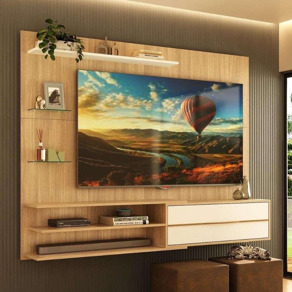 Painel para TV até 65" com 1 Porta Basculante e Prateleiras Multimóveis – Design Rustic/Branco