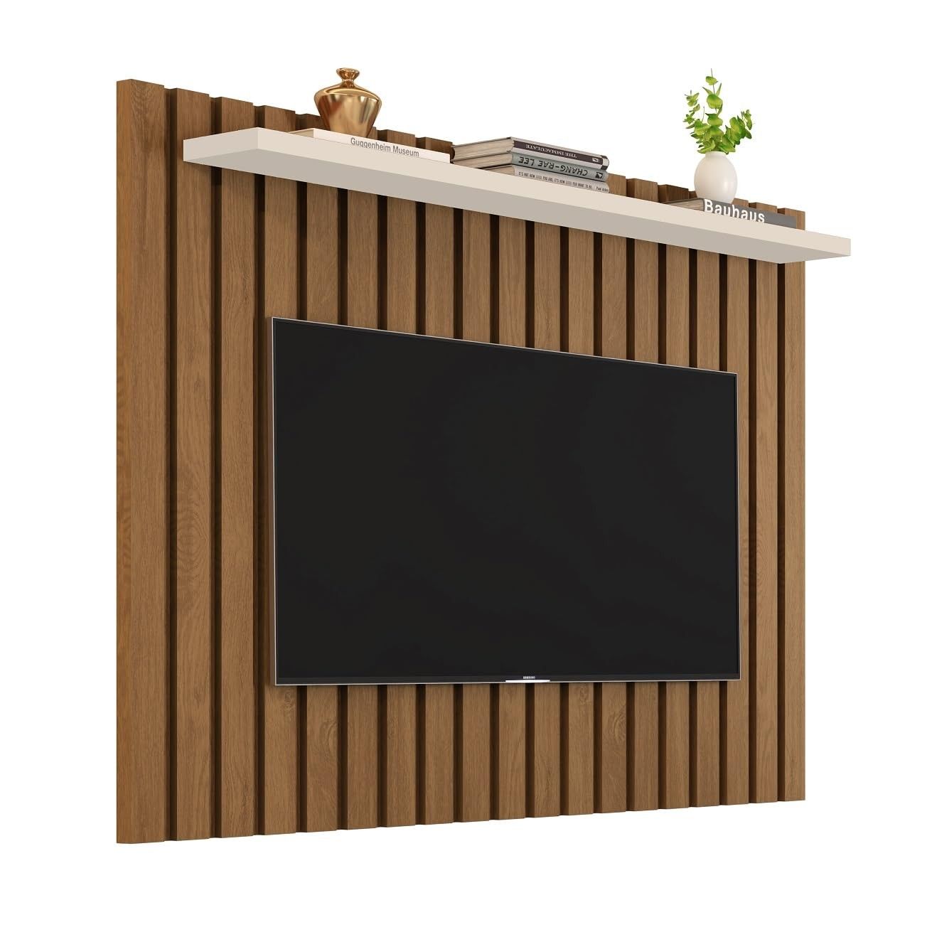 Painel Ripado para TV até 50" Lily com Prateleira - Design Moderno em Freijó e Off White