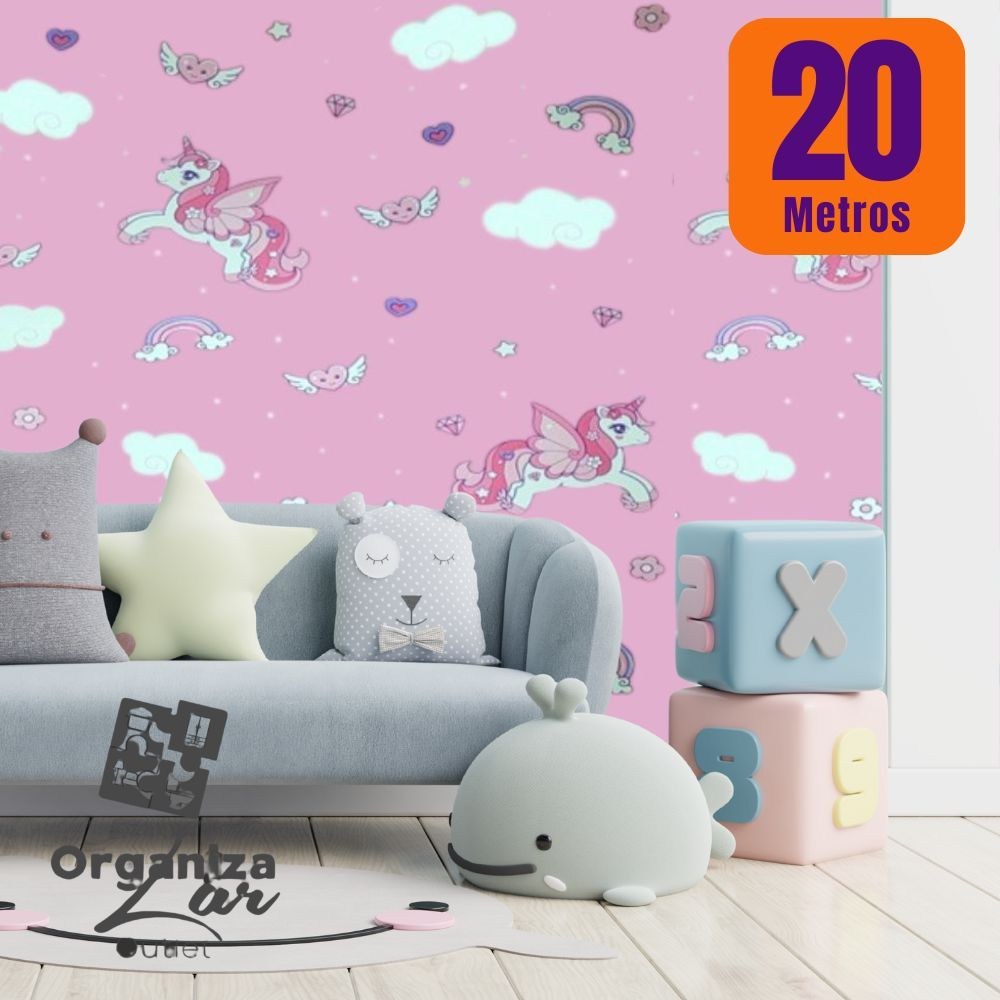 Papel de Parede Unicórnio Rosa Autoadesivo 5m x 45cm para Quarto Infantil