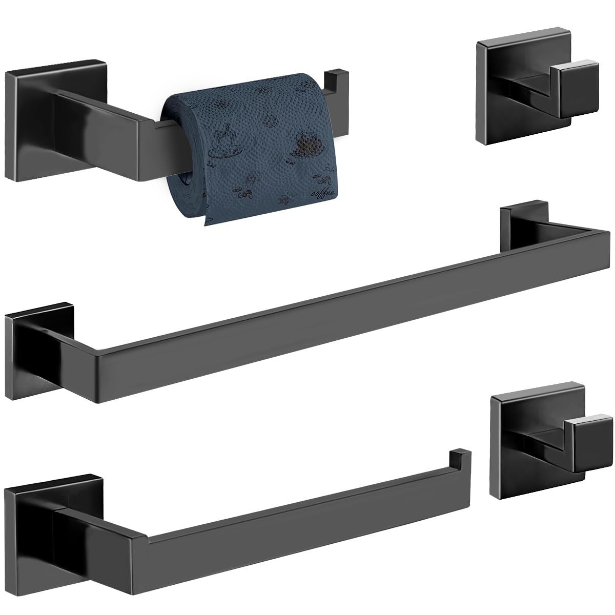 Kit Acessórios para Banheiro em Aço Inox 5 Peças - Toalheiro, Suporte Papel Higiênico e Ganchos