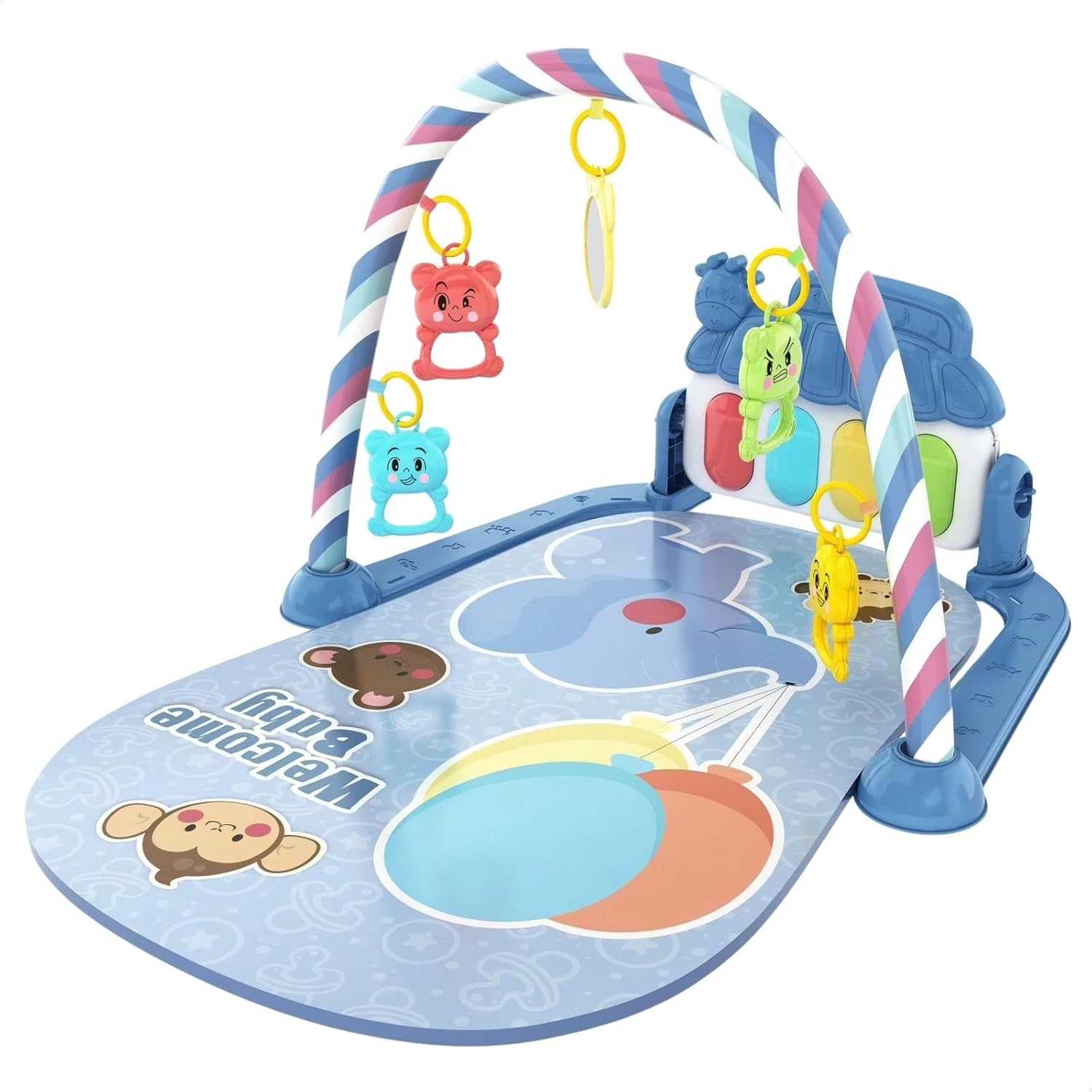 Tapete Infantil de Atividades Sensorial com Piano Musical e 5 Móbiles Interativos para Bebê (Azul)