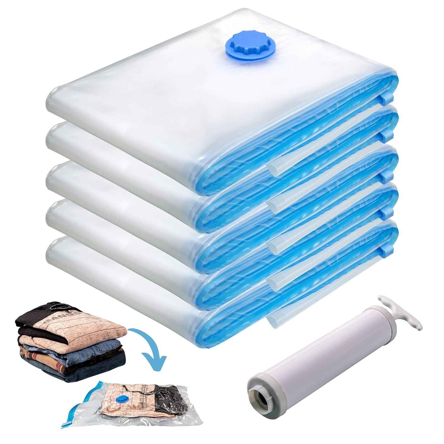 Sacos a Vácuo para Roupas - Kit com 5 Unidades 50x60cm + Bomba Manual - Reduz Espaço em 80% - Ideal para Organização e Viagem