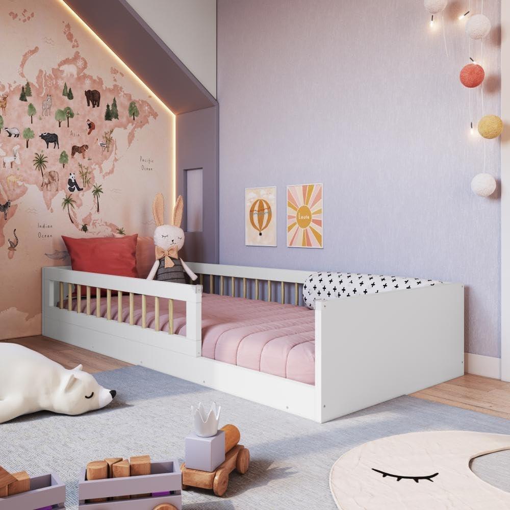 Cama Infantil Montessoriana de Chão com Grade de Proteção - Solteiro para Meninos e Meninas