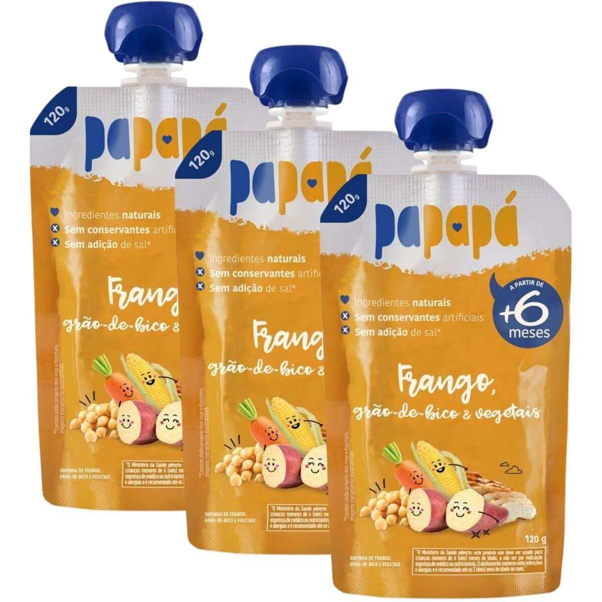 Kit 3 Papinhas Papapá Frango, Grão-de-bico e Vegetais 120g - Alimentação Saudável para Bebês