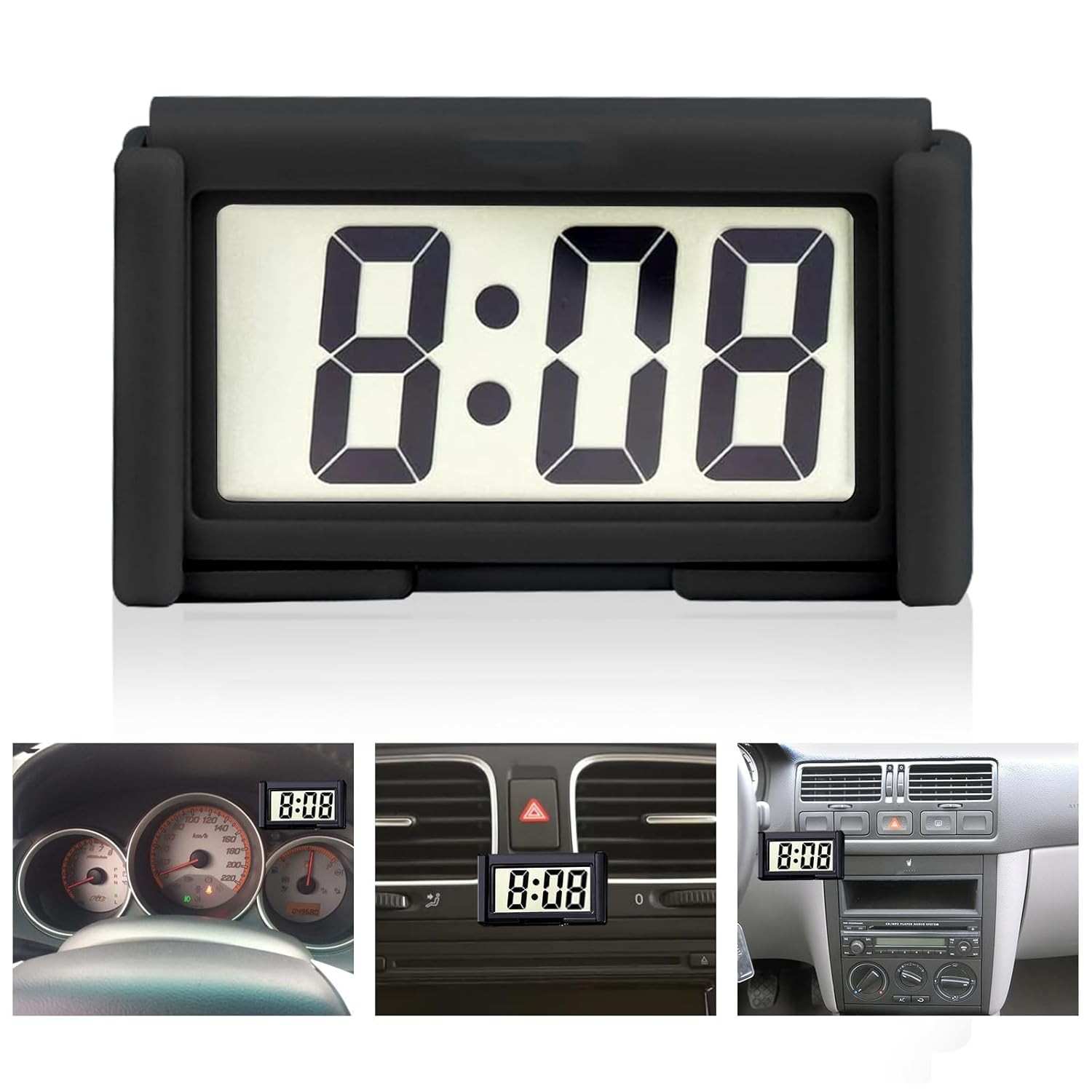 Relógio Digital Jumbo para Carro: Hora e Dia com Visor LCD e Suporte Flexível (Preto)