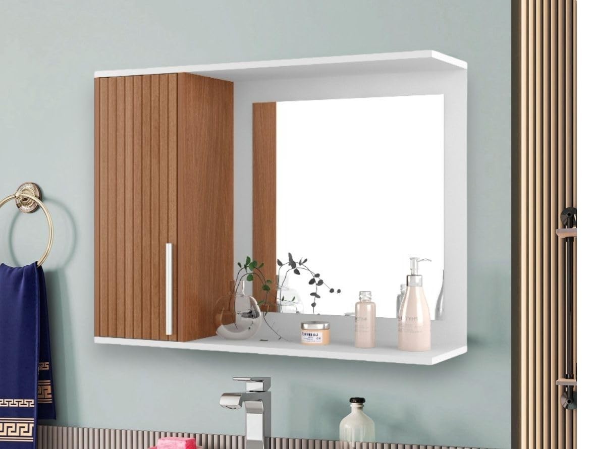 Armário Espelheira para Banheiro Space com Porta – Design Moderno em Branco e Ripado