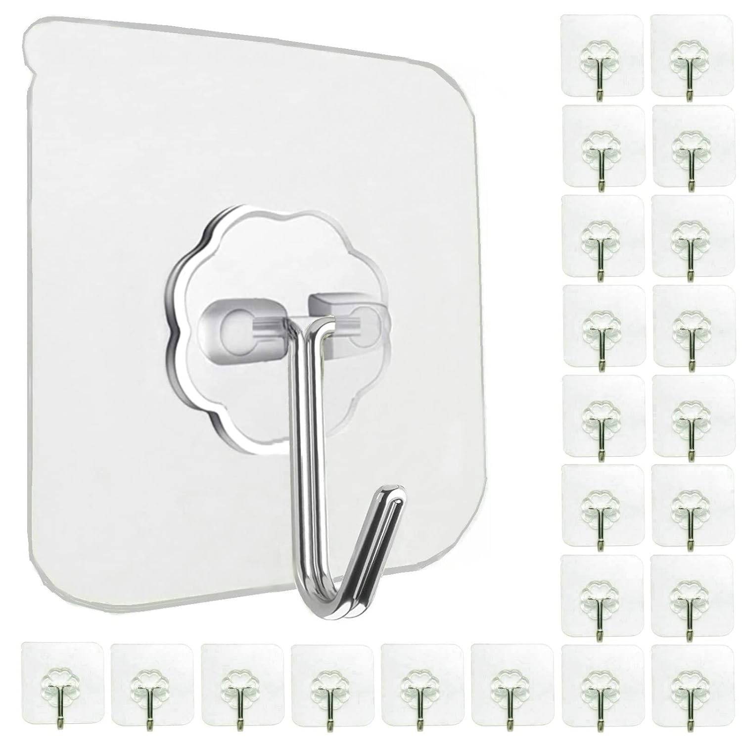 Ganchos de Parede Adesivos Resistentes 15kg | 24 Peças Transparentes para Casa e Banheiro