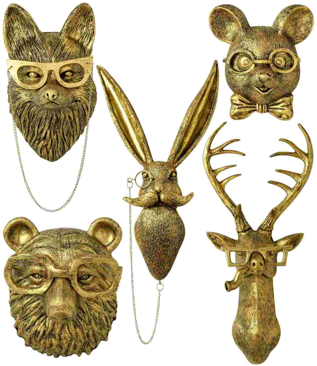Montresor 5 Peças Esculturas de Arte de Parede - Cabeças de Animais 43cm Douradas - Decoração Vintage 3D para Casa e Escritório