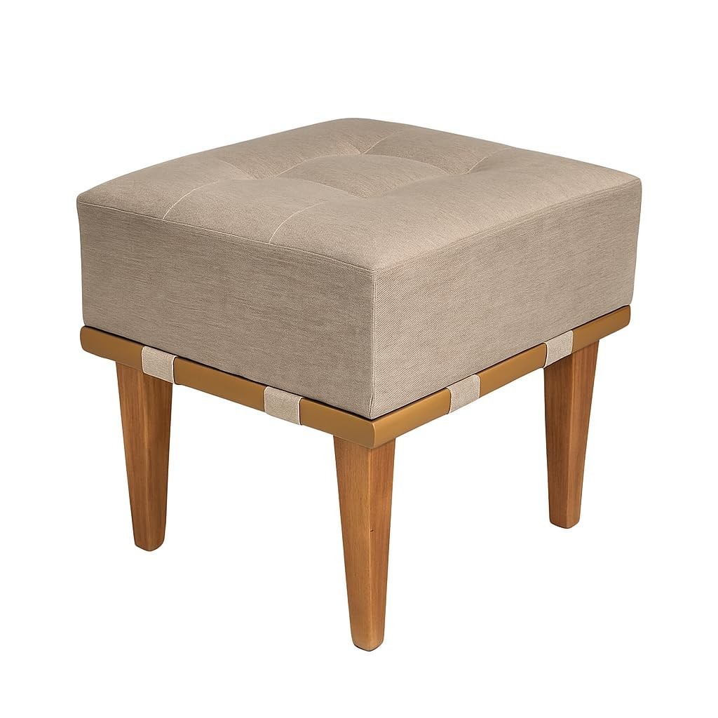 Puff Quadrado em Linho com Pés de Madeira Maciça 43cm - Estilo e Conforto Moderno