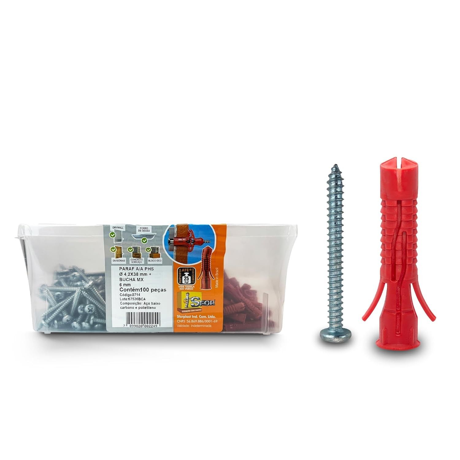 Kit Bucha MX 6 SFOR com Parafuso Phillips 4,2x38mm - Fixação Universal e Segura (200 Peças)
