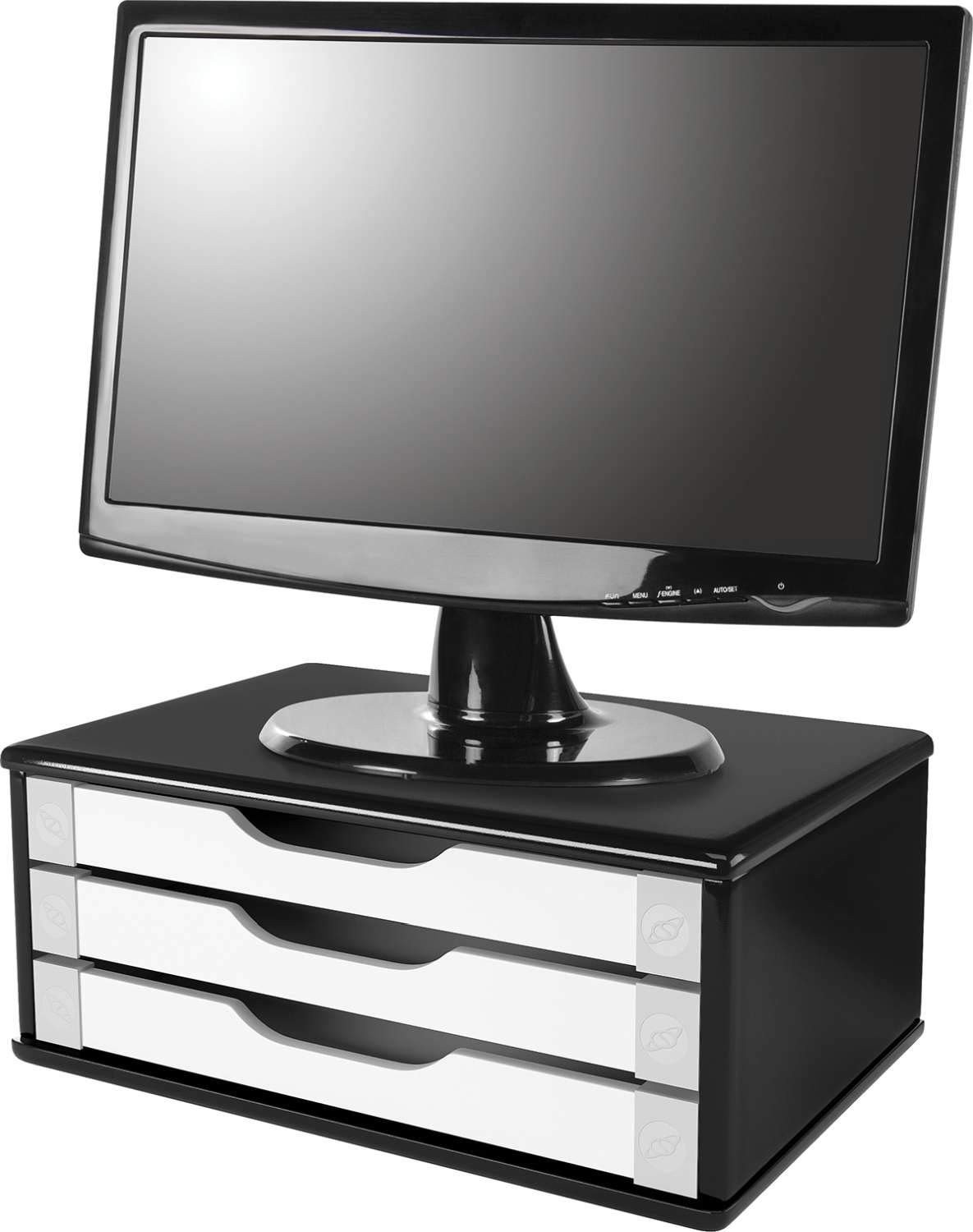 Suporte de Monitor com Gavetas – Design Moderno em MDF Preto Piano e Branco