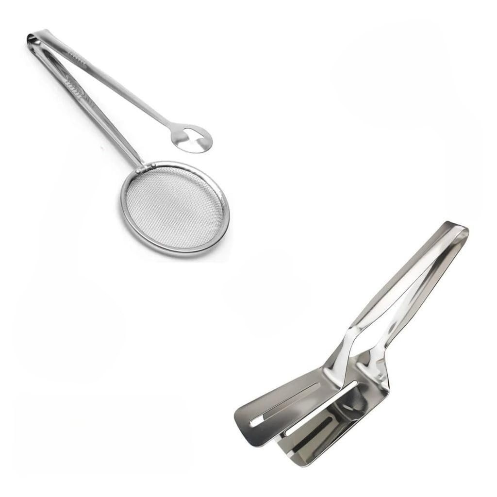 Pegador Inox Multifuncional para Fritura, Escumadeira, Pinça e Espátula Dupla - 28cm
