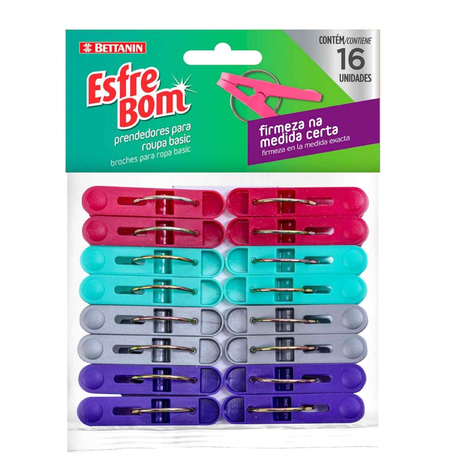 Prendedor Plástico EsfreBom Basic - 16 Unidades com Cores Sortidas - Rosa, Tiffany, Cinza e Roxo