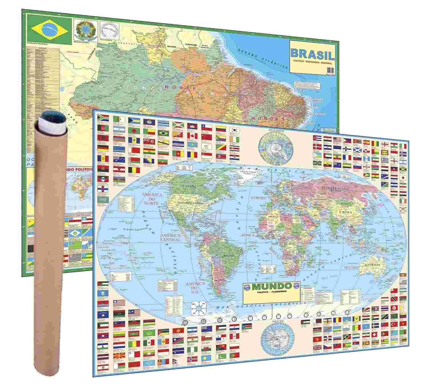 Kit 2 Mapas Gigantes 120x90cm: Brasil Político + Mapa Mundi Político Atualizado