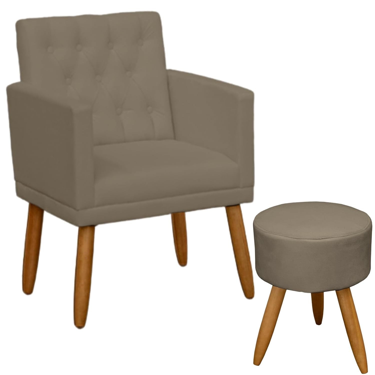 Poltrona Decorativa com Puff Capitonê Moderna em Suede Cappuccino - Conforto e Estilo para Sala