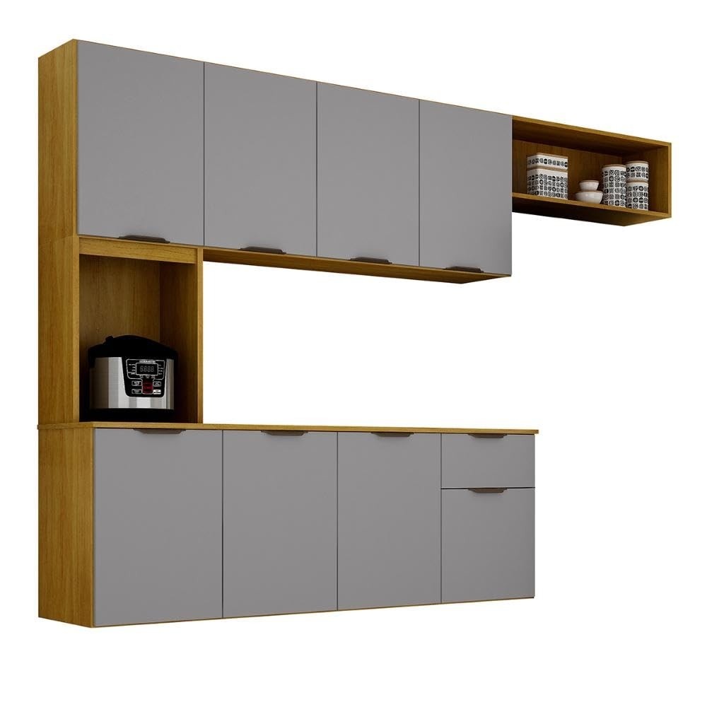 Armário de Cozinha Nara Compacta 8 Portas com 1 Gaveta 193cm Cinamomo/Cinza - Organização Moderna e Resistente