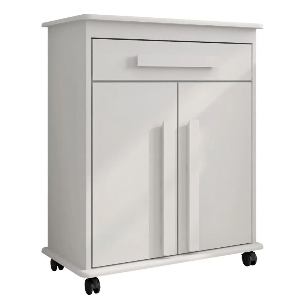 Armário Balcão Multiuso com 2 Portas e 1 Gaveta com Rodízios - Design Moderno e Versátil em Branco