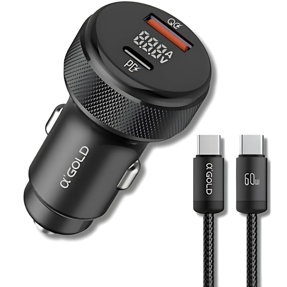 Carregador Veicular Turbo 60W com 2 Portas USB-C e Cabo Premium | Carro Rápido IOS/Android