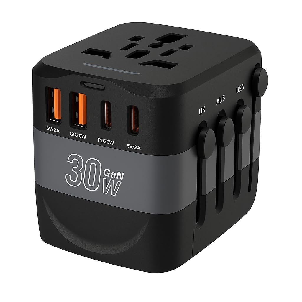 Carregador Universal 30W GaN: 150 Países, 4 Portas (2 USB-A + 2 USB-C), Turbo, Compacto c/ Estojo