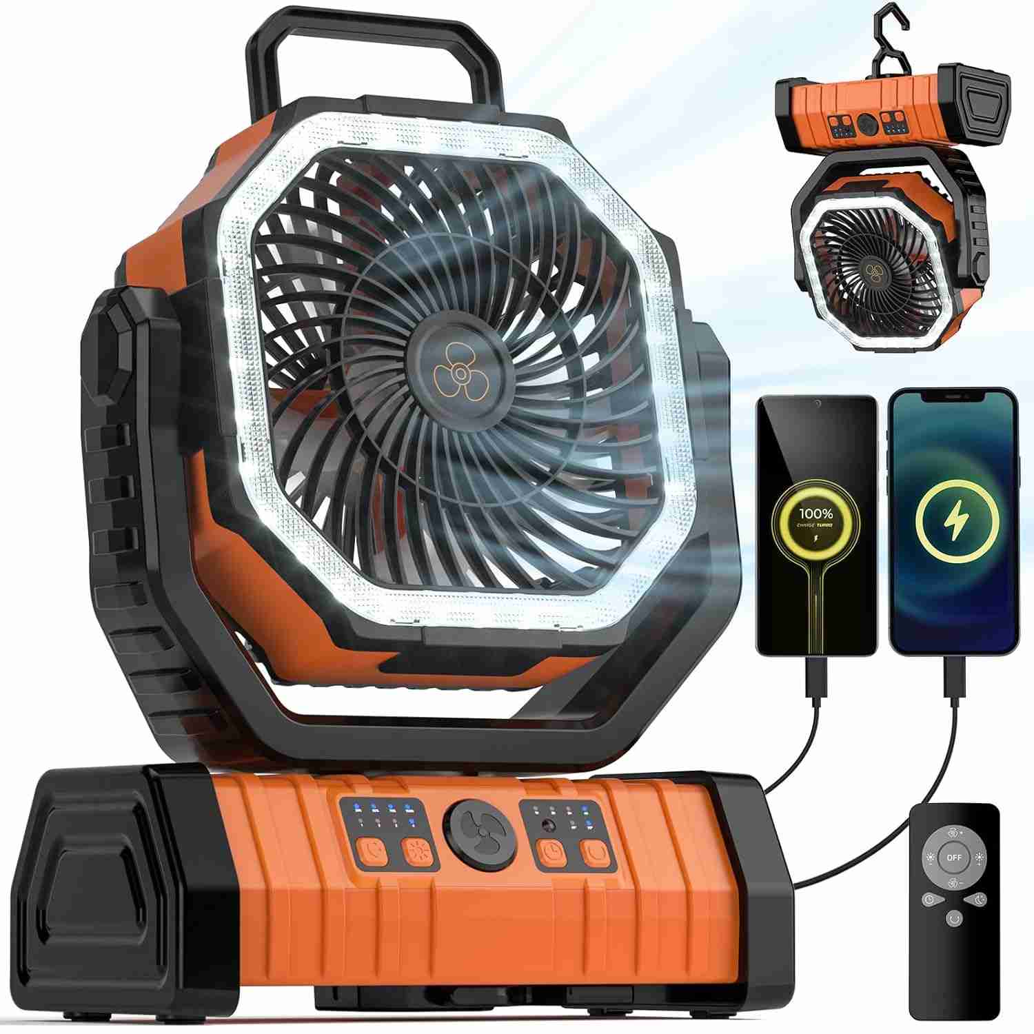 Ventilador de Acampamento com Bateria 20000 mAh | LED + Controle Remoto + Gancho Portátil
