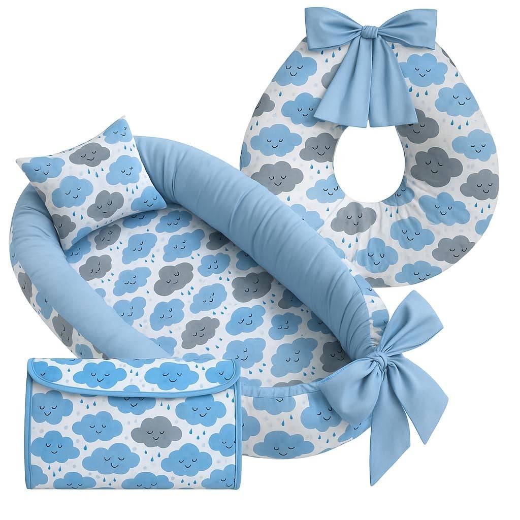 Kit Baby Premium com Almofada de Amamentação, Ninho Redutor e Trocador Portátil Estampado Nuvens Azul