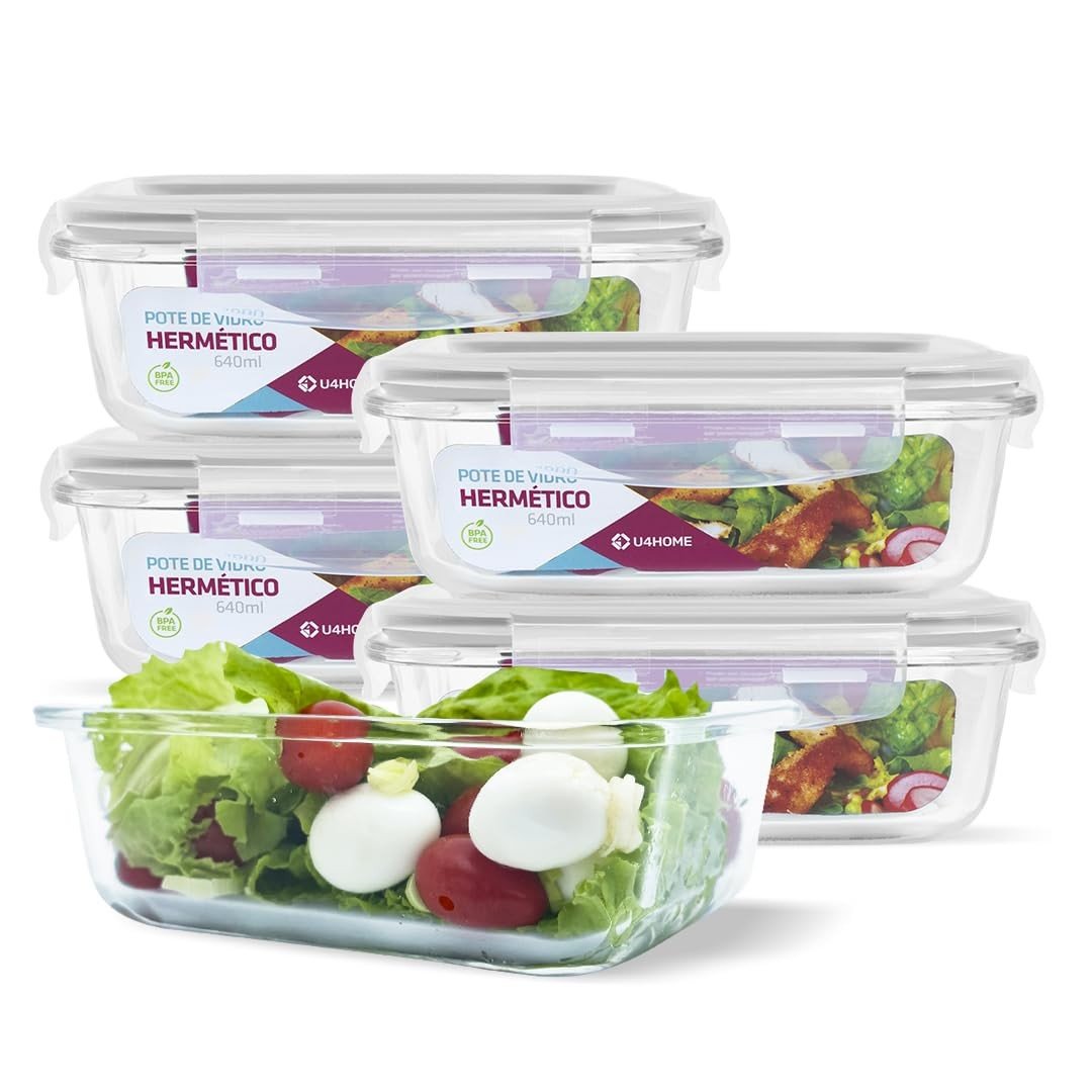 KIT 5 Potes de Vidro Retangular com Tampa Hermética 640ml - Frescor e Segurança na Cozinha